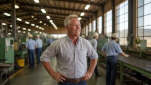 man inspects his business
